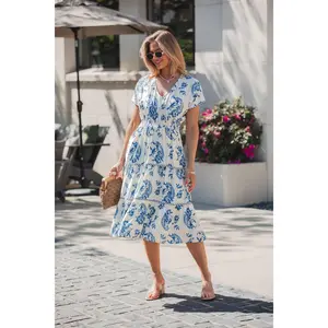 Easton Blue Print Smock Tiered Midi Dress