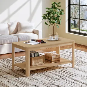 rc Corner Wood Coffee Table with Storage Shelf, Visible Storage Side Table. Features Vertical Wave Grain Legs & Light Oak Finish. Works as Sofa Table, Display Shelf, Living Room End Table, Bedroom Accent Furniture, Open Storage for Books, Remote