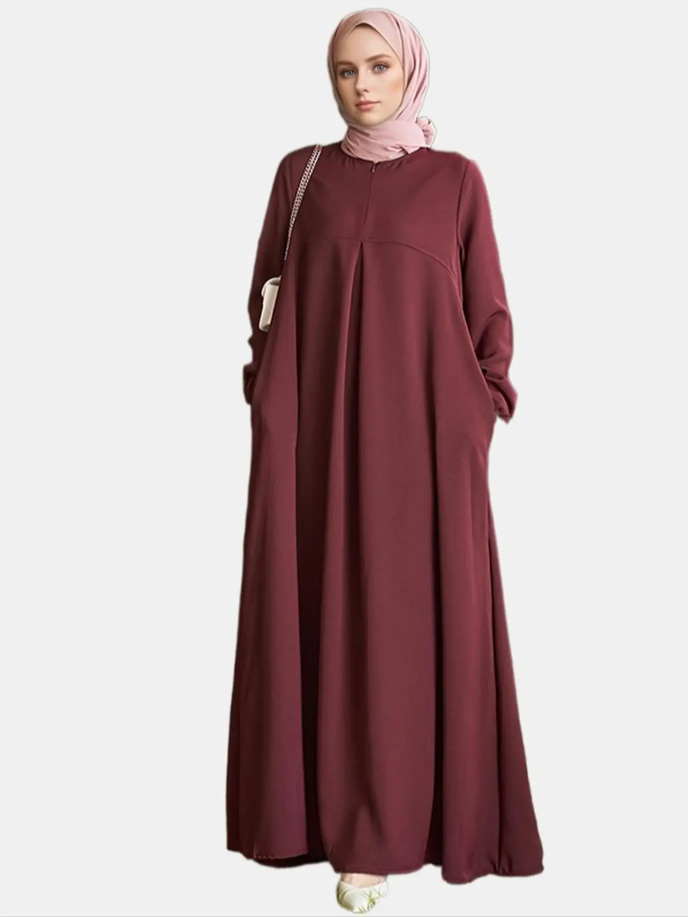 Women's Plain Bishop Sleeve Zipper Front Long Dress, Modest Casual Long Sleeve Round Neck Dress for Daily Wear, Ladies Clothes for All Seasons