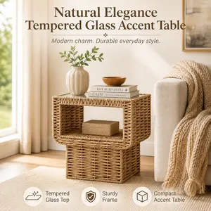 Natural Elegance Tempered Glass Accent Table, Compact Side Table for Living Room, Bedroom, Entryway & Small Spaces