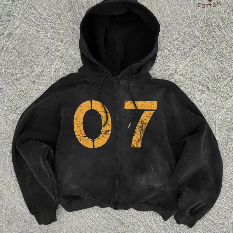 Men's Digital Graphic Printing Washed Zip Up Hoodie, Casual Regular Fit Long Sleeve Hooded Sweatshirt for Fall & Winter, Fashion Men's Top for Daily Wear, Pullover, Graphic Zip Hoodies