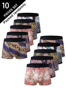 Men's Vintage Wild Leopard Print Boxer Briefs, High Stretch Mid Waist Youth Casual Underwear, 10 Pack Fitted Heart Pattern