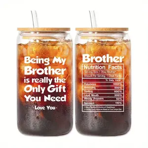 16oz Glass Tumbler Set with Straw & Brush, Premium Drinking Glasses, Funny Glass Cup, Ideal Gift for Brothers, Perfect for Coca-Cola, Coffee, Milk Tea, Great Birthday Present