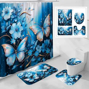4 Pcs Blue Floral Butterfly Shower Set with Non-Slip Rugs, Chic Lid Cover and Bath Mat, Elegant Set with Shower and Rugs(Not Included)