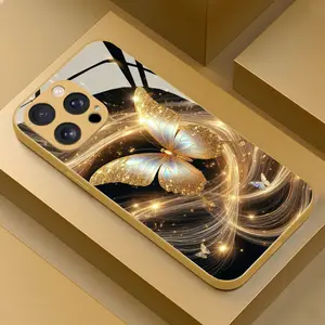 Gold Butterfly Pattern Phone Case, Stylish Design, Compatible with iPhone Series 7-16, Latest Tempered Glass Technology, Elegant Look