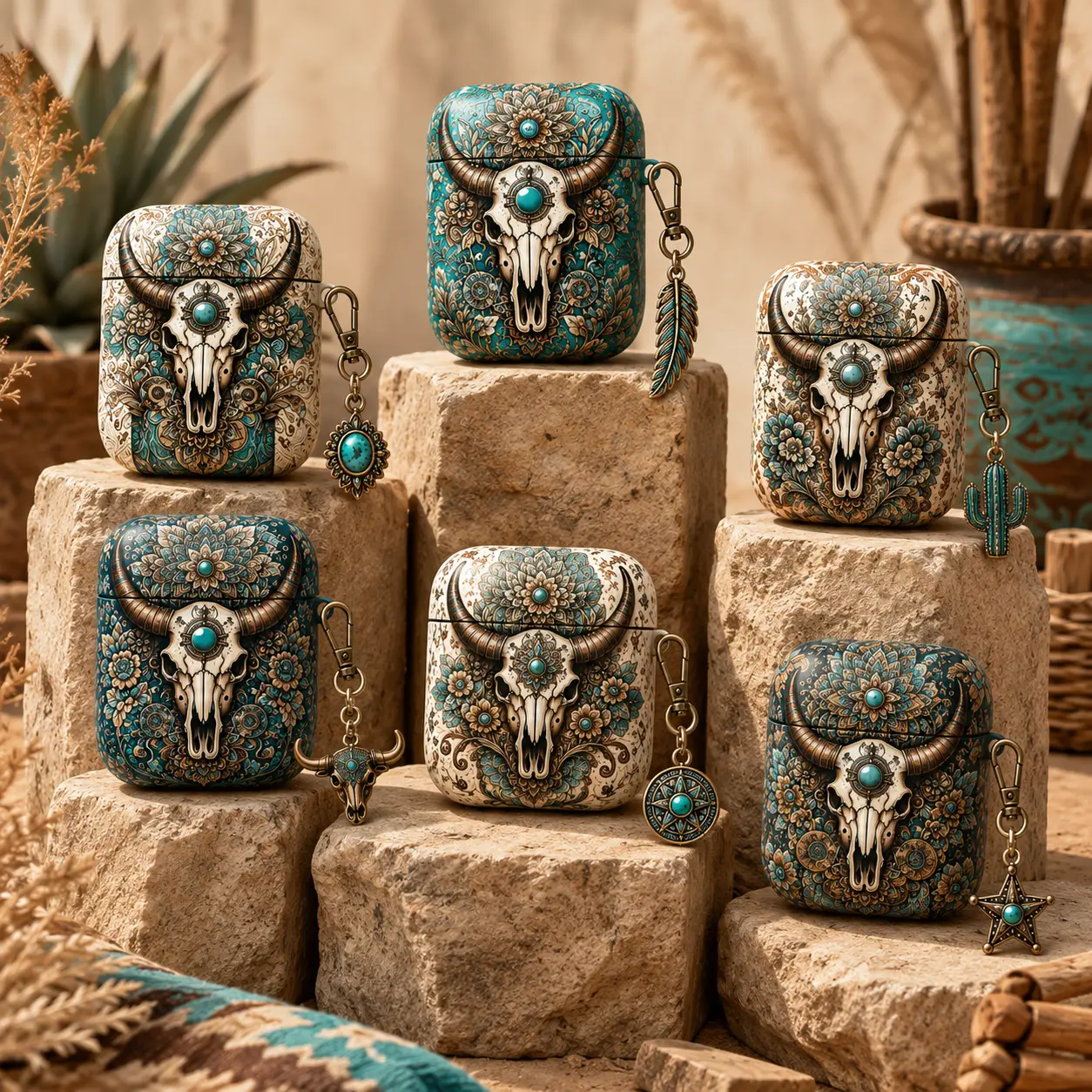 NO KEYCHAIN – Western Bull Skull AirPods Case, Turquoise Floral Cow Skull Earbuds Cover, Boho Southwestern AirPods Pro Case, Rustic Cowboy Gift