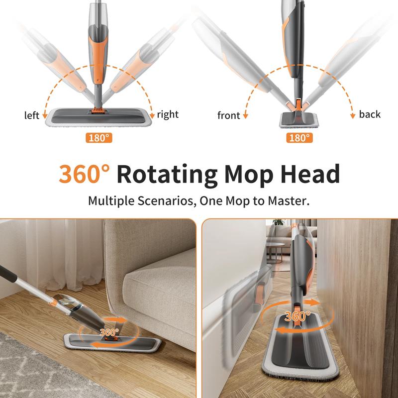 Spray Mop for Multi-Surface Heavy-Duty Cleaning with 4 Washable Microfiber Pads,Refillable Bottle,Functional Scraper,360°Rotating Head,One-Handed Operation,Wet/Dry Use,Rust-proof Aluminum Pole