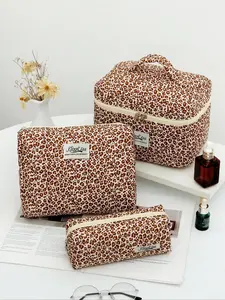 Classic Leopard Print Makeup Bag, Stitched Zipper Large Opening, Travel Organizer, Multifunctional Storage Bag, Travel Cosmetic Bags