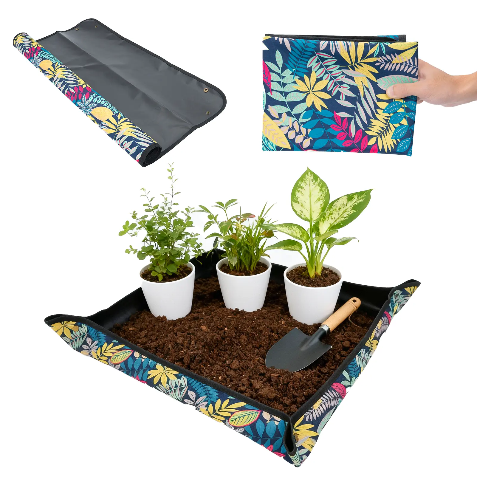 Bamworld 75x75cm Square 600D Oxford Cloth Waterproof Repotting Mat - Succulent Planter Pots Holder, Soil Absorption Collector, Decorative Print, Time-Saving Carrying Strap for Indoor Gardening