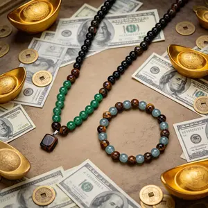 Lucky Green Aventurine and Tiger Eye Stone Pendant Necklace Natural Stone Beads Bracelet Handmade Vintage Long Chain Festivals, Birthdays, and Special Occasions Party Jewelry Valentine's Day Gift