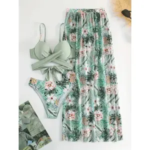 Women's 3-Piece Floral Print Knitting High-Waist Push-Up Bikini Set, Adjustable Straps, Sexy Beach Swimwear with Cover Up, Floral Print Swimsuit