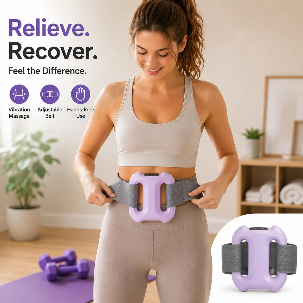 Wearable Muscle Recovery Vibration Massager with Adjustable Waist Belt,15 Minutes Auto Shut off Timer, Hands-Free Fascia Massage Device for Fitness & Relaxation