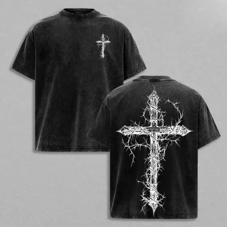 Men's Baggy Fit Washed Cotton Short-Sleeve Graphic Tee Top - Gothic Thorn Cross Print, Round Neck, Christian Clothing, Breathable Wear, Casual Streetwear Gothic Edge Mens T-Shirts