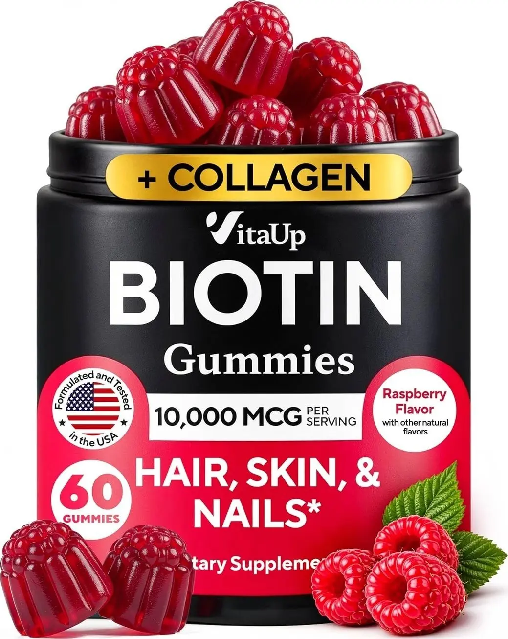 Biotin Gummies 10000mcg for Women and Men - Extra Strength Hair, Skin and Nails Gummies with Collagen - Natural Biotin Gummy Supplement for Hair, Skin, Nails Support - 60 ct
