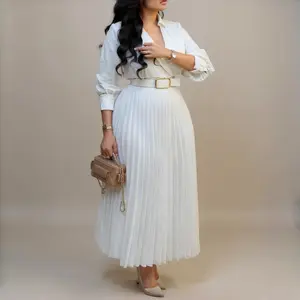 Elegant White Pleated Dress V Neck Long Sleeve A Line Church Formal Works Business Dresses with Belt 2025 Spring and Fall Premium Fabric Chic Feminine Skirt for Casual & Matching - Day Breathable Womenswear