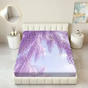 1Pc Lavender Floral Spring Fitted sheet Mattress Protector Easter theme, Purple Bedding Mattress protector Breathable, Soft Comfortable Bedding Mattress Cover, for Bedroom Guest Room.