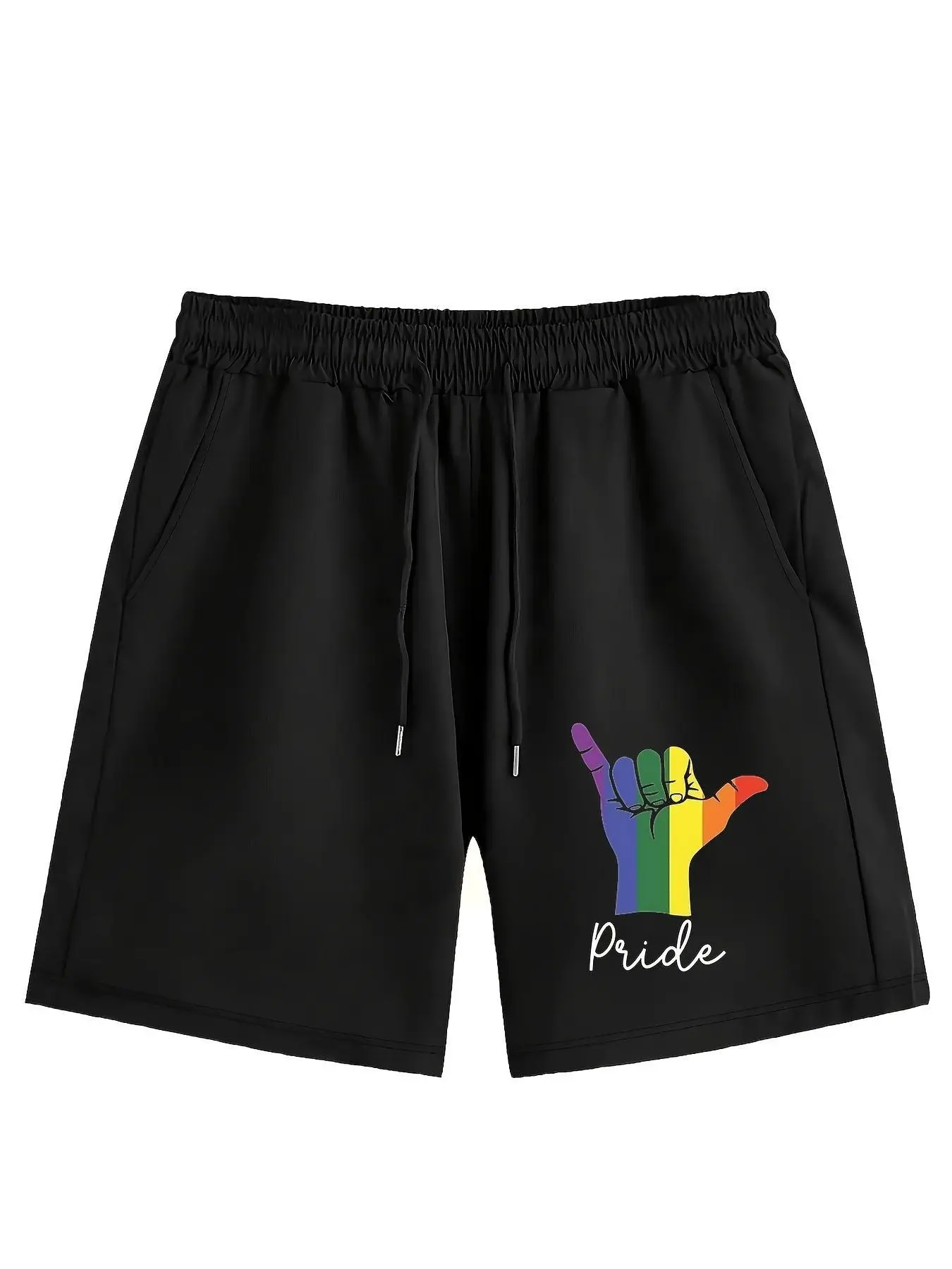 Men's Black Rainbow Gesture Pride Character Print Slim Fit High Stretch 100% Polyester Knitting Athletic Casual Short Pants - Above the Knee, Regular Sizes, Drawing Design, Micro Elastic Compression, Pride Event Attire, Bold Multi-Colored sohochic