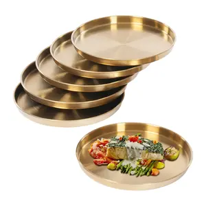 6-Pack Gold Round 201 Stainless Steel Serving Trays - Polished & Brushed Luxury Decor Trays