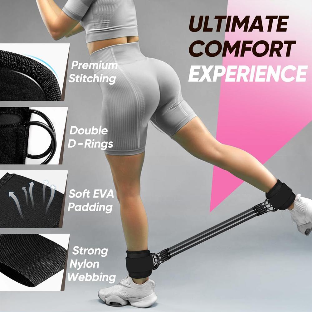 Ankle Cuff Resistance Bands Set, black firm ankle cuffs with triple-strength latex tubes, carry bag, sports accessories, neighborhood drills outdoor walking exercise tools