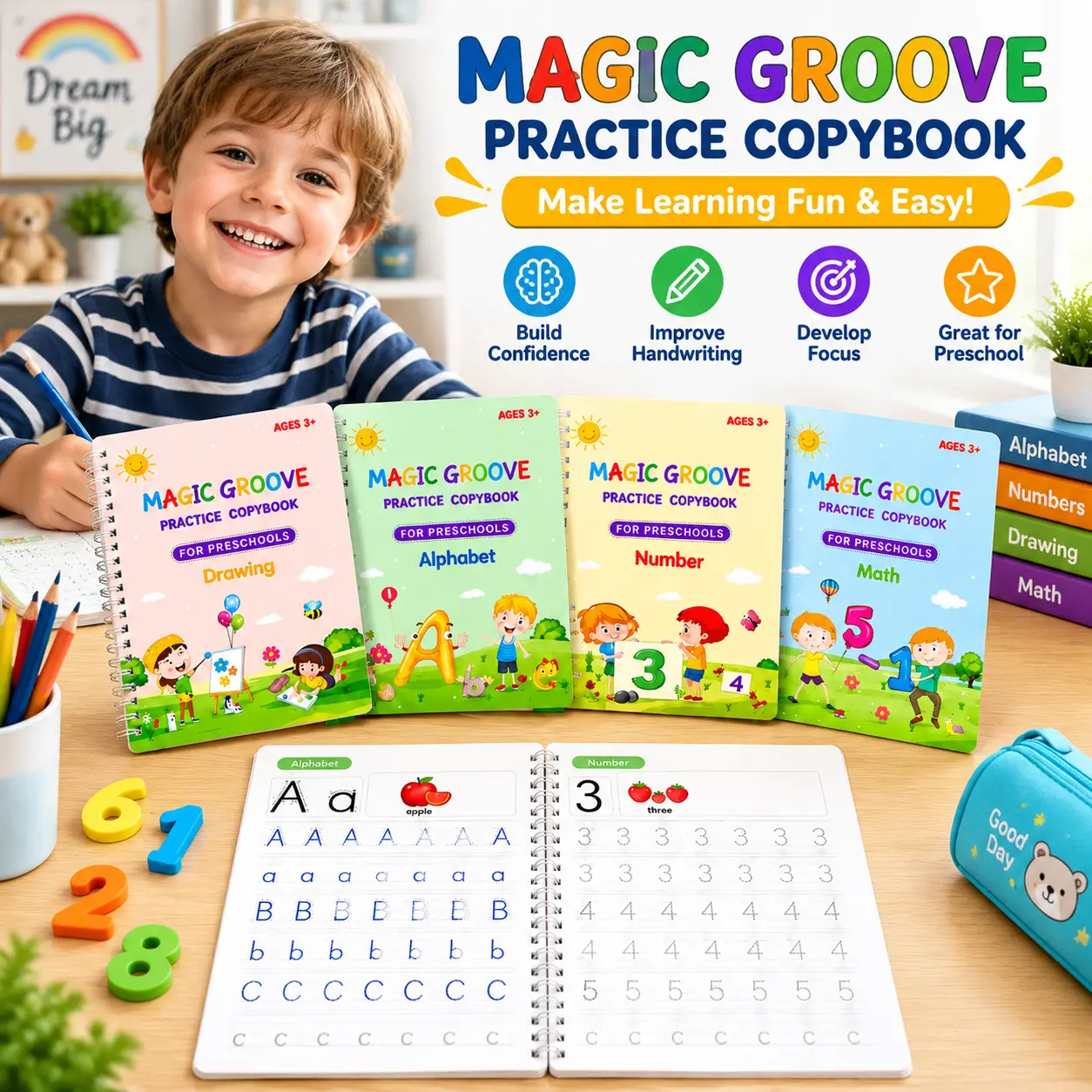 4-Pcs Preschool Learning Handwriting Practice Kit (Copybook Set) for Ages 3+, Includes Grooved Paths, Disappearing Ink Pens, Pencil Grips for Pen Control & Motor Skills, Number Education Textbook, Kids' Gift