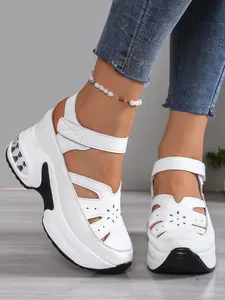 Ladies' hollow toe platform wedge sandals, breathable and comfortable summer shoes, casual walking sandals, beach thick soled invisible height increasing Velcro sports and leisure shoes