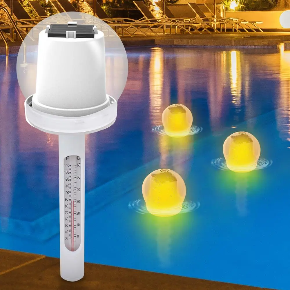 Floating Pool Thermometer Solar LED Light Waterproof Auto-Charging, Pool Lights, Pool Accessories