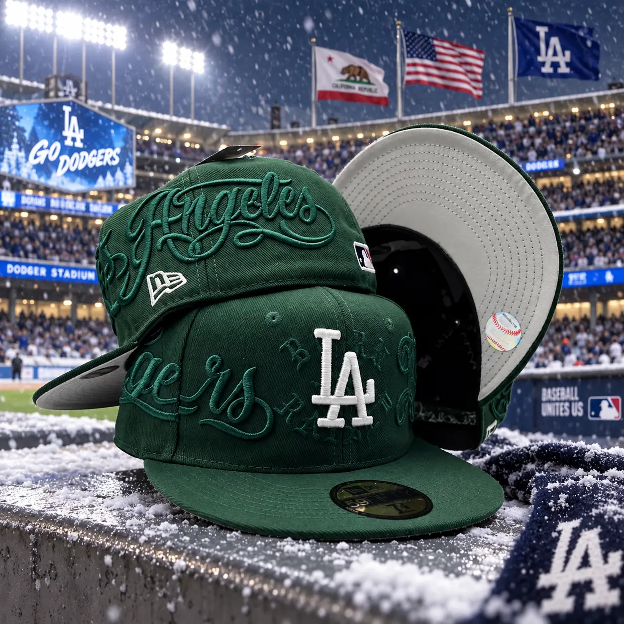 Los Angeles LA Green Embroidered Fitted Baseball Hat – All Over Script Flat Brim Streetwear Cap