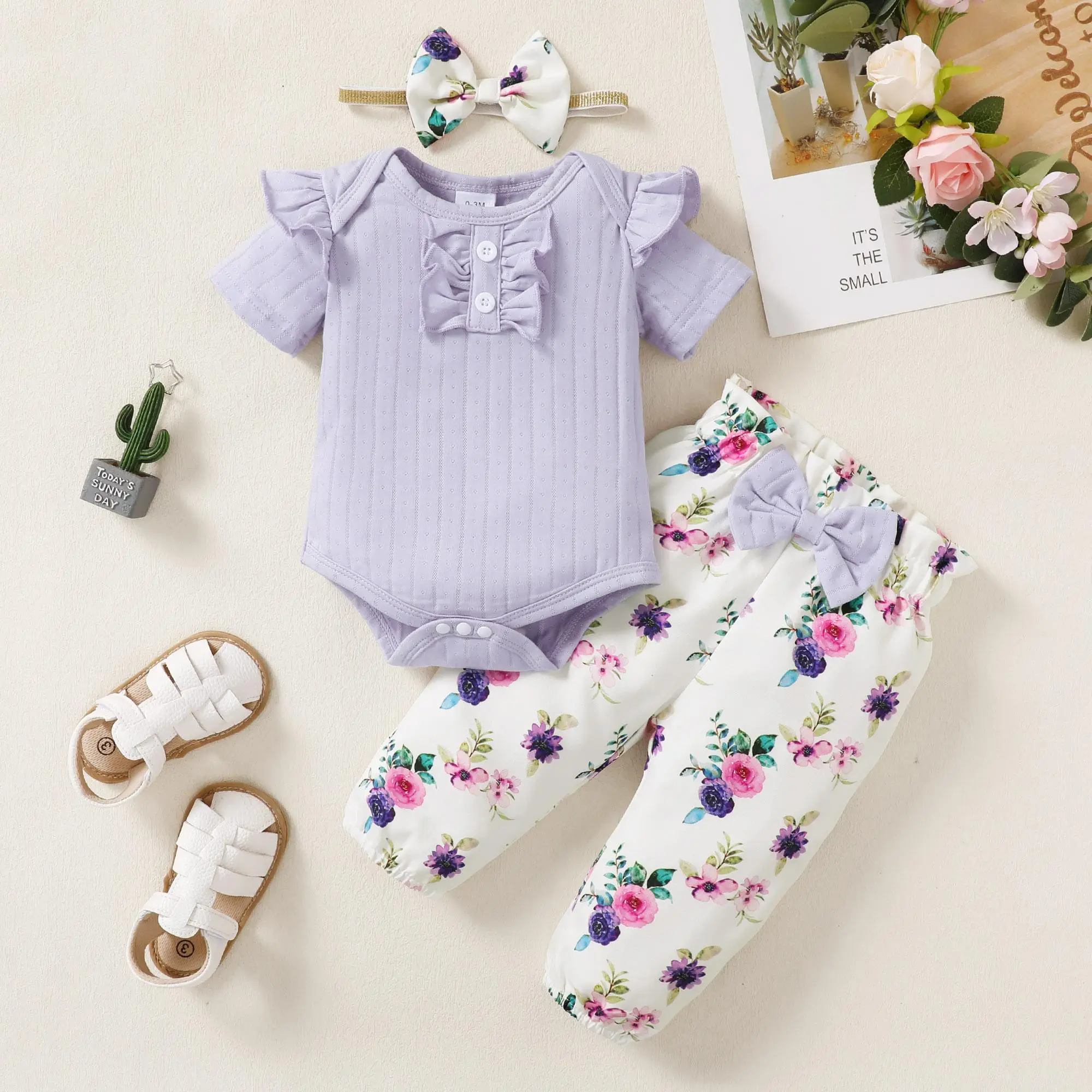 0-18M Baby Girls Outfits Solid Color Ruffle Sleeve Romper Floral Pants Headband 3Pcs Spring Autumn Clothing Purple 132202016