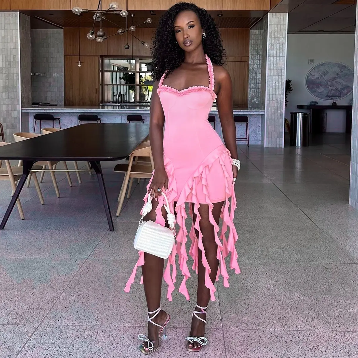 Women's Sleeveless Plain Bodycon Mini Dress - Halter Neck, Tassel Fringe, Ruched Backless, Fashion Boho Casual Design for Night Club, Going Out Parties