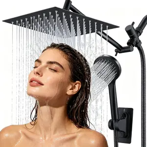 Shower Head Combo, 10-Inch High-Pressure Rainfall Shower Head with 11-Inch Adjustable Extension Arm, 5-Setting Matte Black Handheld Shower with Long Hose, Powerful Spray for Low Water Pressure