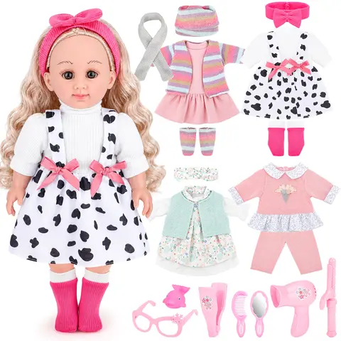 deAO Doll Clothes and Accessories Set, 18 Inch Doll Outfit Set with Multiple Dresses, Tops, Pants, Socks, Shoes and Feeding Accessories, Doll Dress-Up Clothing Set for Gir