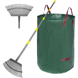 Adjustable Garden Rake for Leaves, Long Handle 36-73inch inches, Width 18inch inches, Heavy Duty, with 25 Metal Teeth, Includes 32 Gallon Leaf Bag, Designed for Lawns, Grass, Shrubs, and Flower Beds