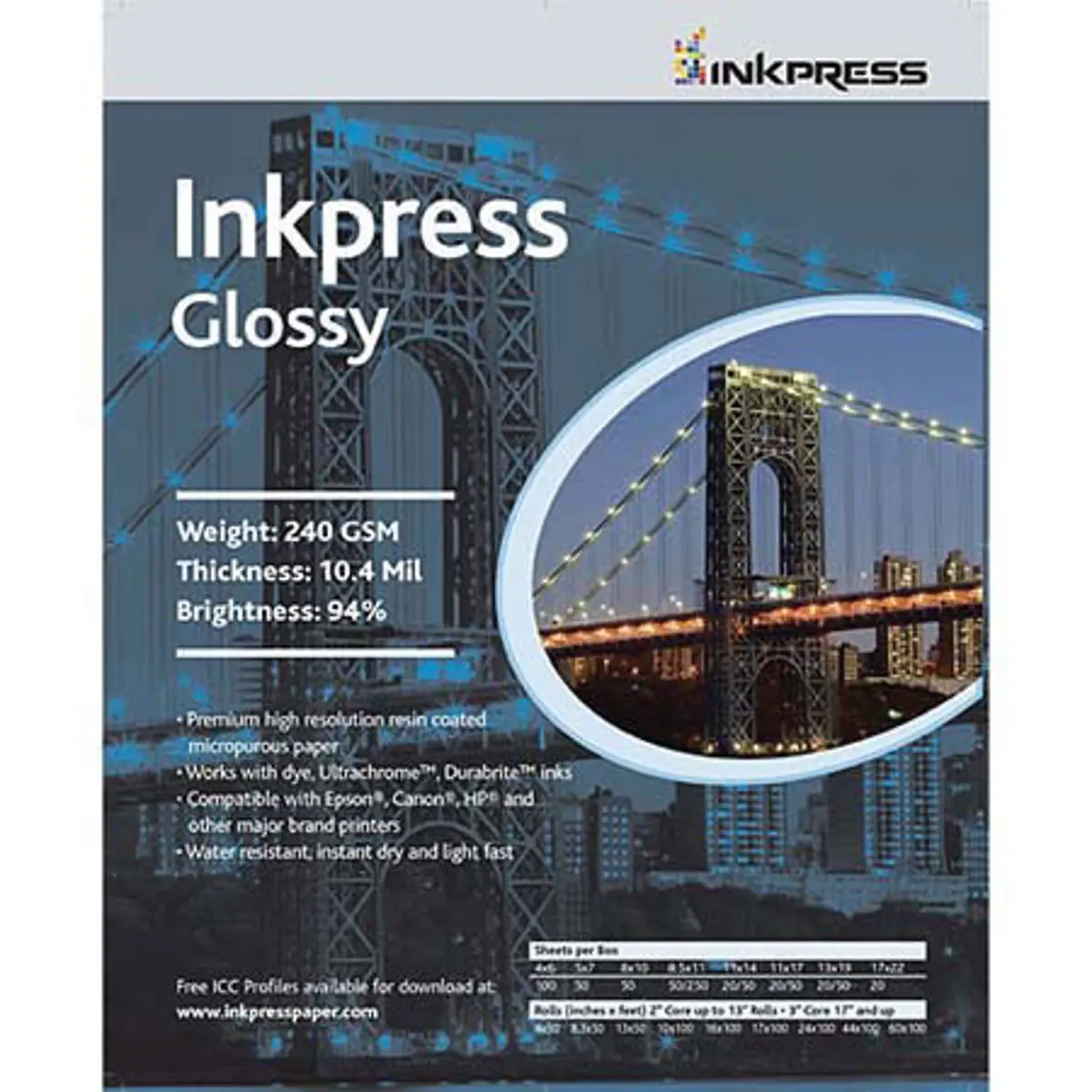 Inkpress Glossy, Premium Single Sided Bright Resin Coated Photograde Inkjet Paper, 10.4 mil, 240 gsm, 5x7", 500 Sheets