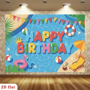2D Flat Banner 1pc,[ for Party Backdrop] Banner, Happy Birthday, Pool Water Background, Colorful Letters, Pink Flamingo Float, Beach Elements Polyester Backdrop, for Party Decor Farm, Garden, Home, Room, Club