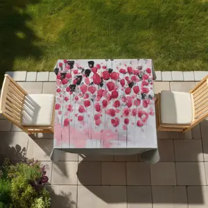 360 stand Modern Round Gray Floral Print Tablecloth - 58x58 in., Stain-Resistant Abstract Pink Flower Field Design with Vibrant Accents, Home & Outdoor Patio Indoor Outdoor Furniture Household Kitchen Linen Textile, Washable Table Cover