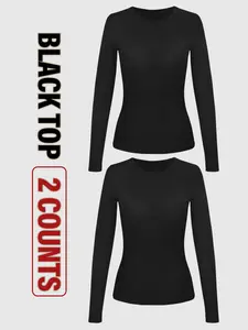 Women's Casual Long Sleeve Top Set, Round Neck Pullover Inner Wear, Fashion Simple Basic Versatile T-Shirt, Home Daily Essential