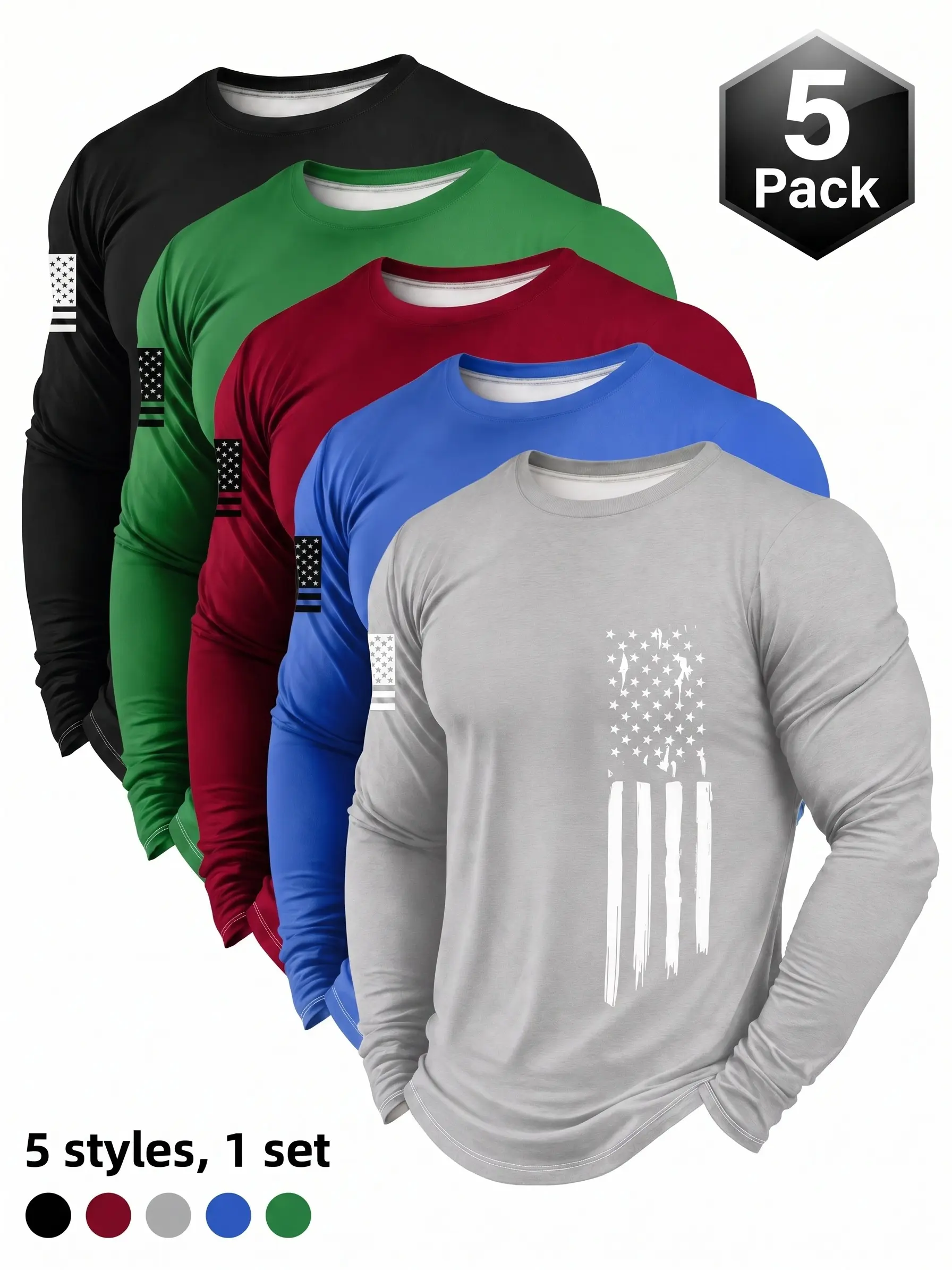 Men's 5-piece long sleeved T-shirtlightweight plain color lining Patriot Apparelmen's clothing suitable for gym sports wear,quick drying breathable fabric for daily casualwear, spring and autumn men's clothingAthletic Apparel Athletic Mesh