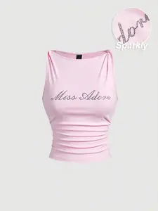 Pink Crystal Embellished Twisted Tank Top, Fashionable For Summer, Summer, Casual, Boho, Country Concert, Rave Festival, Festival, Western, Brunch, Beach, Cute, Fairycore, Going Out Tops, Boho Tops, Party Tops, Sequin Top, Rave Top
