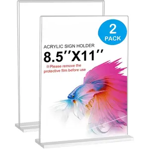 8.5 x 11  Sign Holder 2 Pack, Vertical T Shape Clear Plastic Menu Holder, Table Display Stand for Restaurant, Office, School, Store and  Use