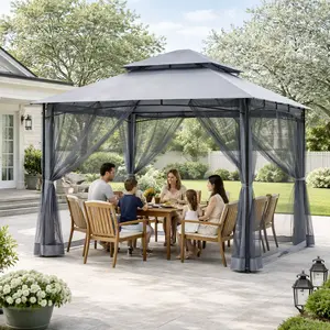 SeeHill 12' X 12' Outdoor Patio Gazebo, Metal Frame Outdoor Gazebos with Double Roofs, Outdoor Shelter Tent, Outdoor Gazebo Canopy with Mosquito Netting for Deck, Lawn, Backyard Garden, Steel Gray