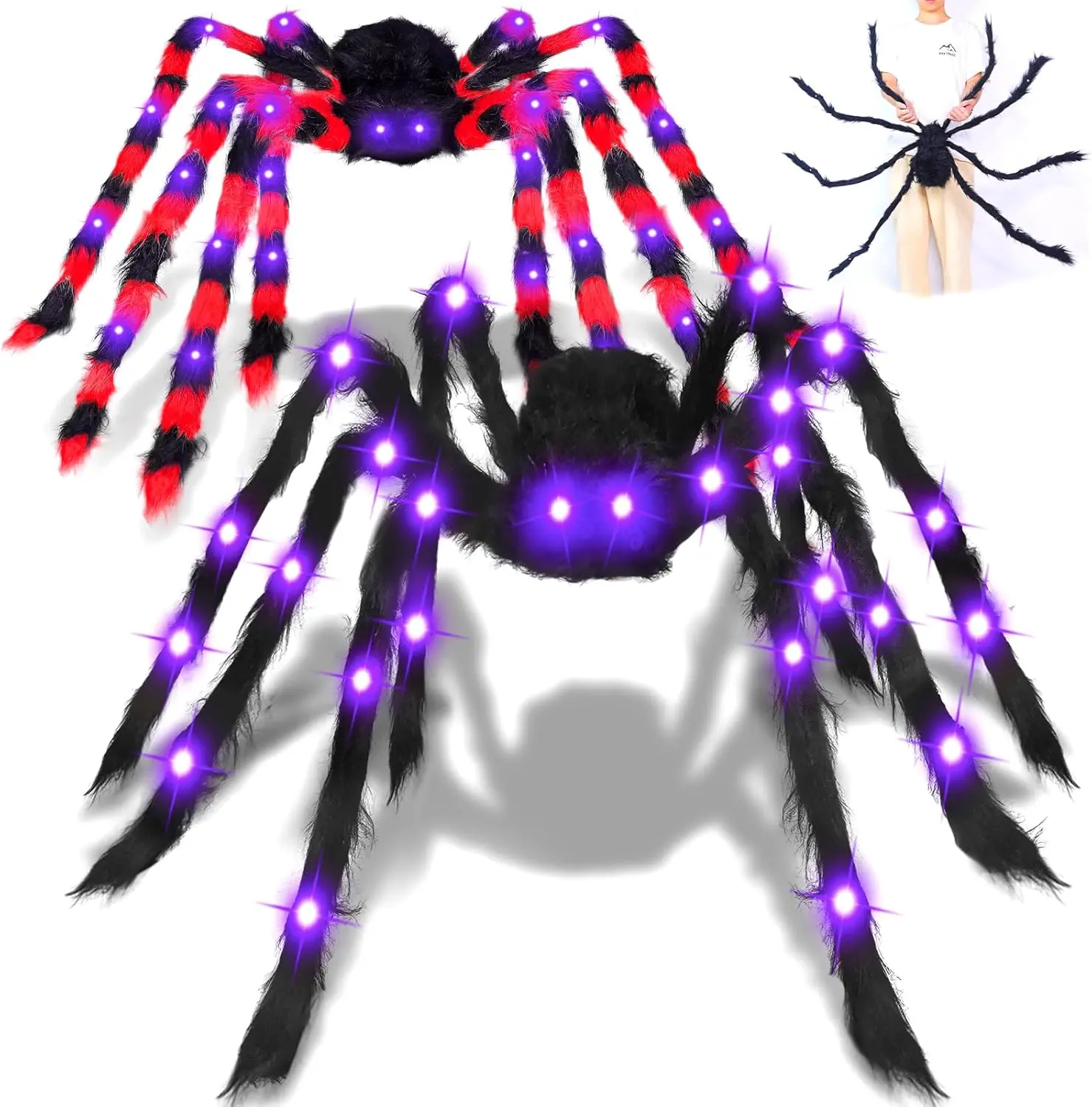 2 Pack 5 Ft Giant Light Up Spider Halloween Decorations Outdoor | 52 Purple LEDs, Black & Dual-Color Fake Spider, Indoor/Outside, Scary Haunted House Prop/Party Decor