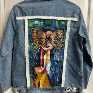 Fanzilla Jackets- Handpainted Butterfly Girl Blue Dnim Jacket | Womenswear Lightweight Denim Casual