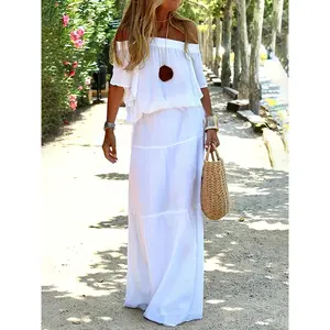 Spring and summer new arrivals: European, American, and Middle Eastern fashion women's dress with a one-shoulder neckline, short sleeves, pleated elastic waist, and elegant design,summervibes