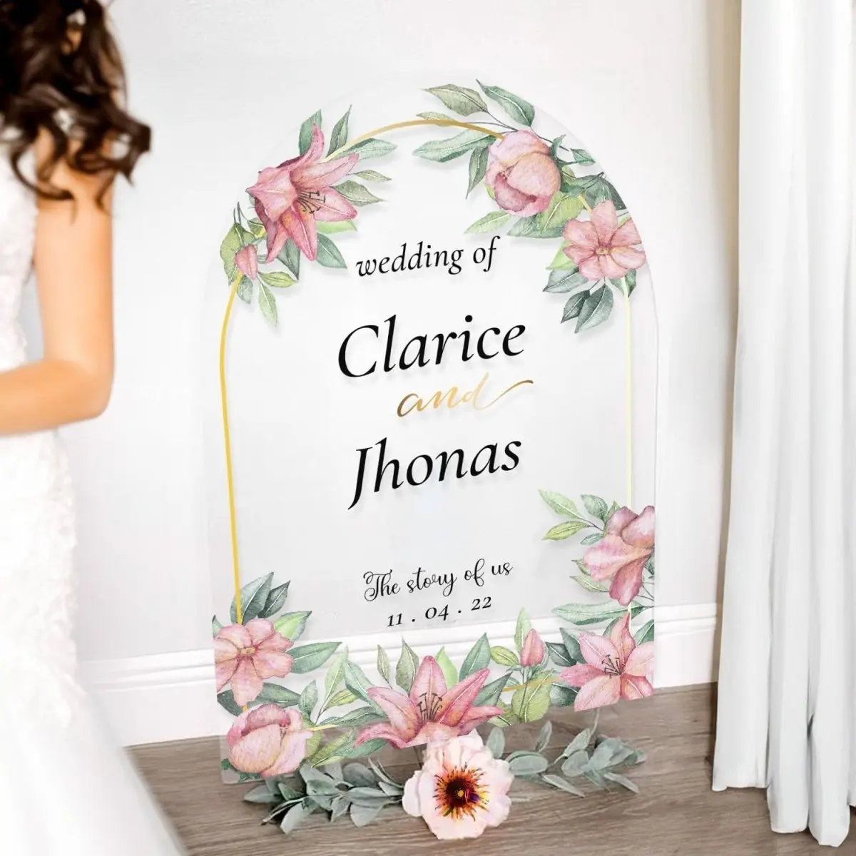 The Story Of Us Wedding Reception Sign, Arched Foral Wedding Welcome Sign