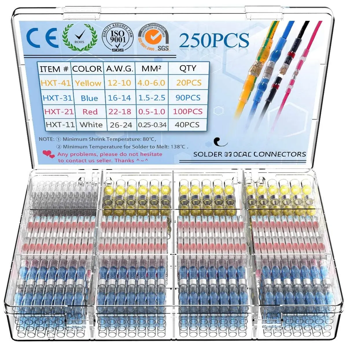 250 count Solder Seal Wire Connectors Insulated  Electrical Wire Terminals Heat Shrink Solder  Connectors Solder Connector Kit for Automotive Marine