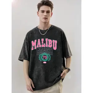 Wayii Fashion MALIBU BEACH Letter Print Summer   t shirts women   Trendy Drop Shoulder High-Quality Thick Pure Oversized Boutique Acid-Washed Vintage Pure Washed Process Round Neck T-Shirt Street Style Loose Hip-Hop Top Short-Sleeve Shirt