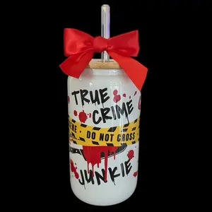 True Crime Lover Gift, True Crime Junkie Iced Coffee Tumbler, Gift for Her, Gift for Women, Glass Can with Lid and Straw, 16 oz Tumbler