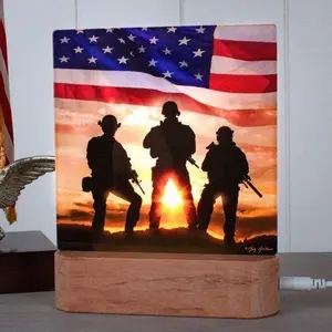 USA Flag Military GWOT Veteran US Army Navy Marine Soldiers Memorial LED Nightlight - Wood Base Acrylic Art Panel USB Powered 7x6x2 Inch Indoor Use American Flag Artwork