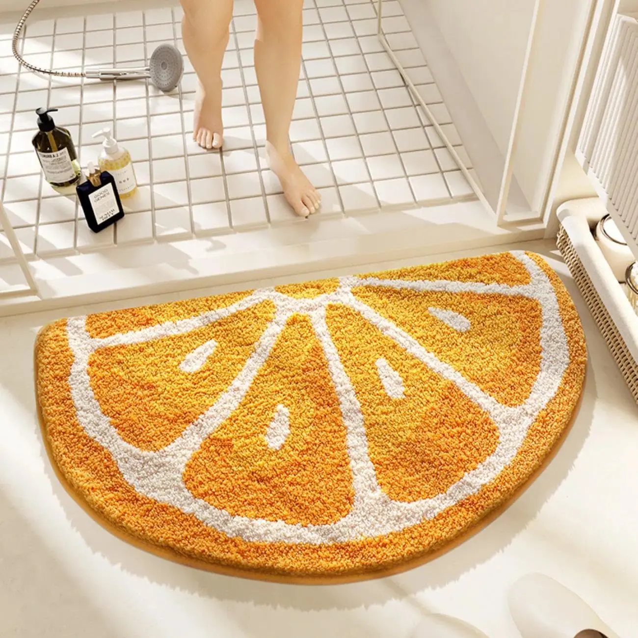 Semicircular Orange Plush Bath Mat - 31.5" x 18" Modern Durable Soft Non-Slip Absorbent Washable Circle Rug for Child’s Bathroom, Sink, Entryway (Comes in Box)