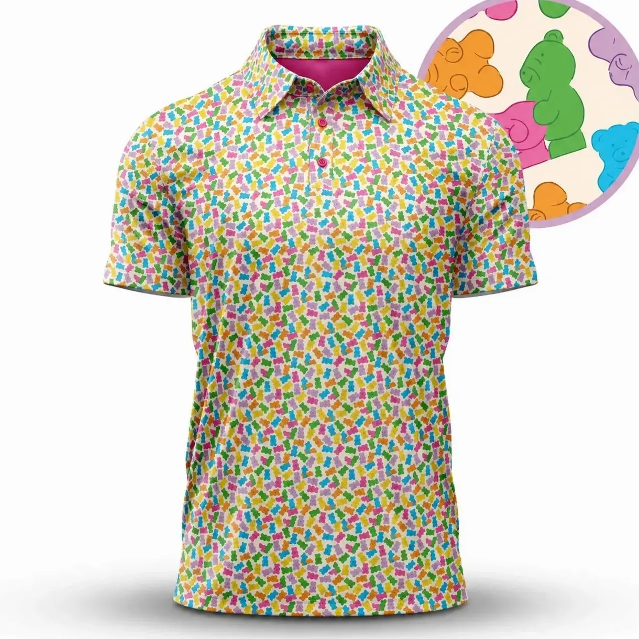 Men's Gummy Bear Print Polo Shirt, Casual Short Sleeve Button Golf Top, Lightweight Breathable Polyester for Summer Vacation & Streetwear, Fitted, Candy, Digital Print, All Seasons, Fun Candy Pattern, Machine Washable, Multi-Function, Fabric, Menswear, Ou
